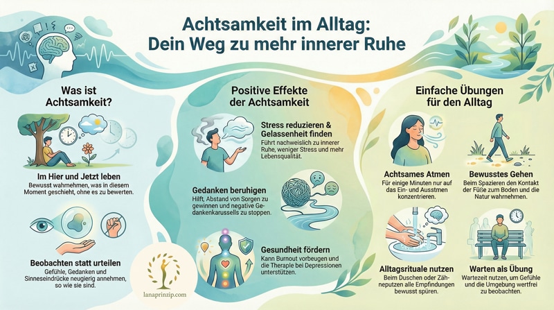 Grafik über Achtsamkeit im Alltag mit Tipps zu innerer Ruhe und Entspannung.