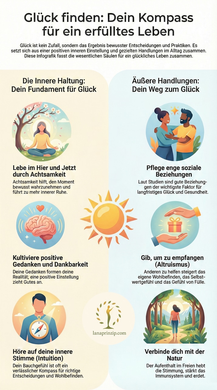Infografik: Wesentliche Säulen für ein glückliches Leben, Innere Haltung, Achtsamkeit, soziale Beziehungen.