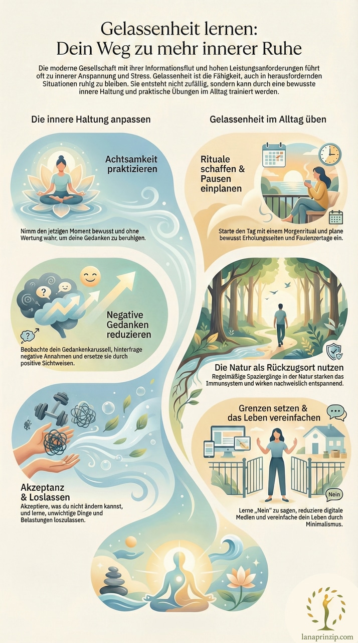 Infografik über Gelassenheit: Praktiken für innere Ruhe und Stressbewältigung im hektischen Alltag.