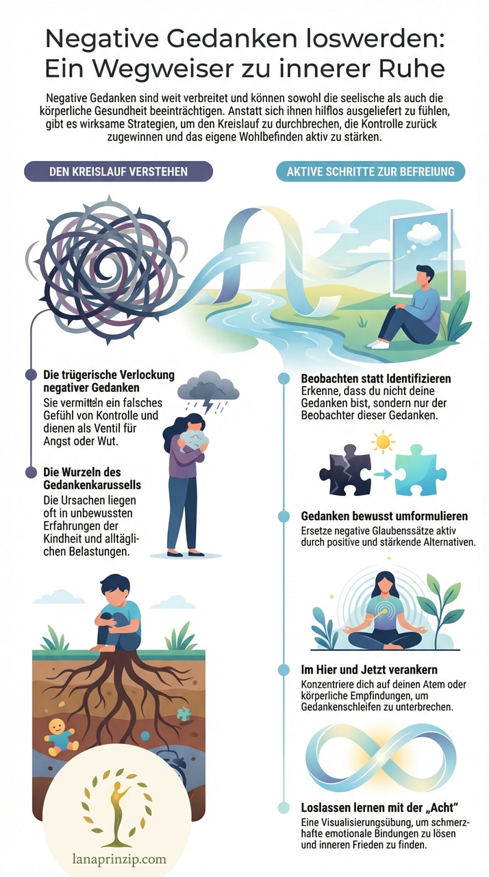 Infografik zu negativen Gedanken: Ein Wegweiser zur inneren Ruhe und Befreiung von gedanklichen Belastungen.
