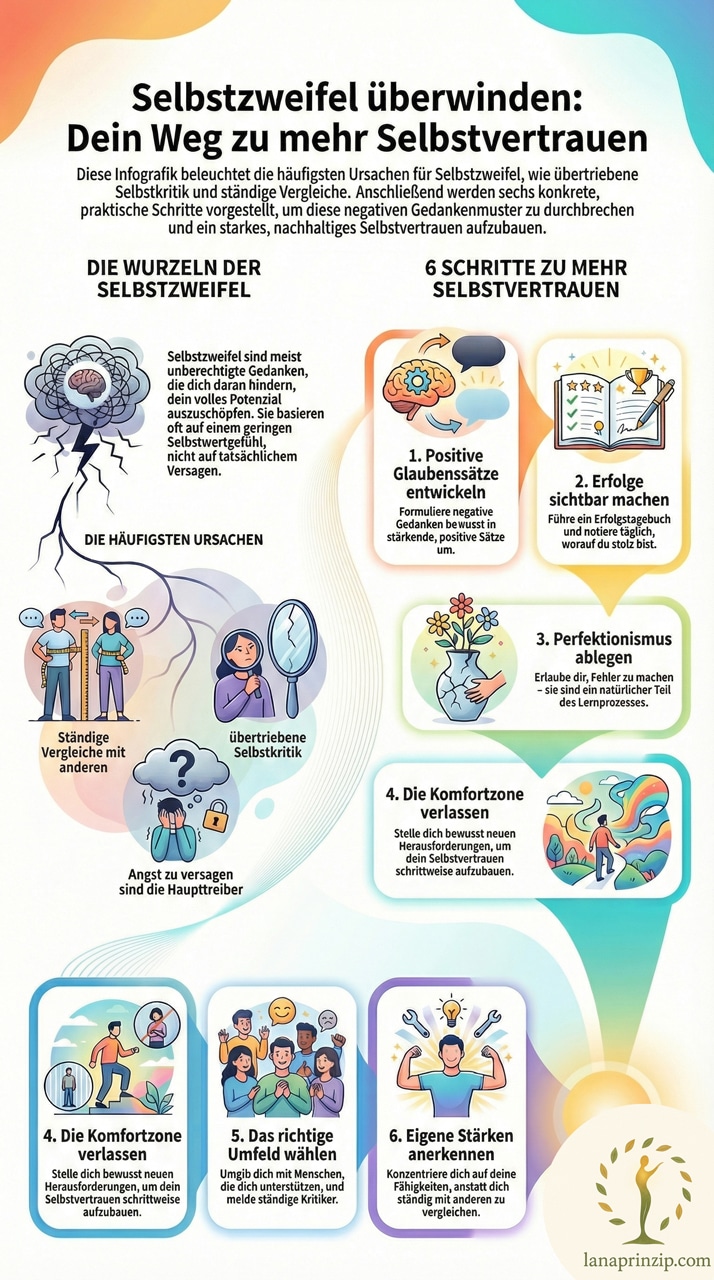 Infografik: Wege zur Überwindung von Selbstzweifeln und Aufbau von Selbstvertrauen.