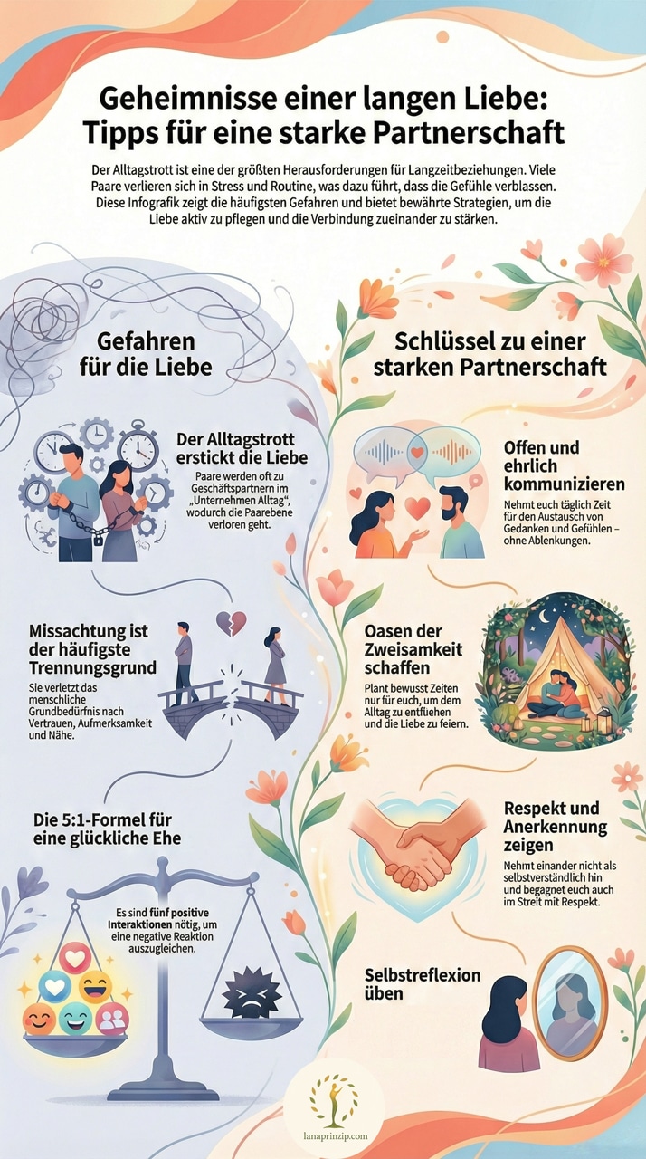 Infografik: Tipps zur Stärkung einer Partnerschaft gegen Alltagstrott und zur Förderung langfristiger Liebe.