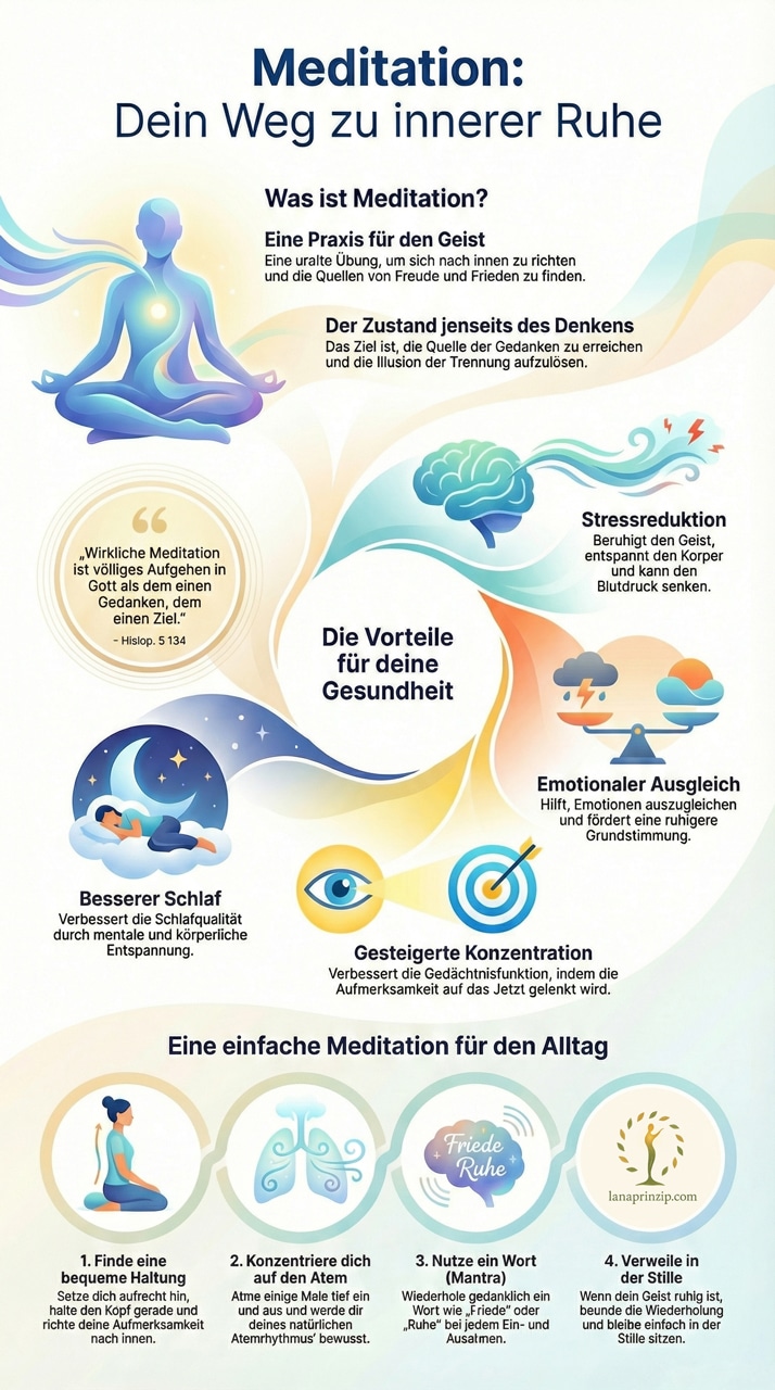 Infografik über Meditation, zeigt Vorteile wie Stressreduktion und besseren Schlaf, inspiriert zu innerer Ruhe.