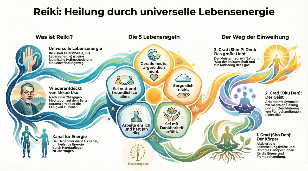 Reiki-Infografik: Die universelle Lebensenergie als Weg zur Selbstfindung und Heilung, inspiriert von Mikao Usui.
