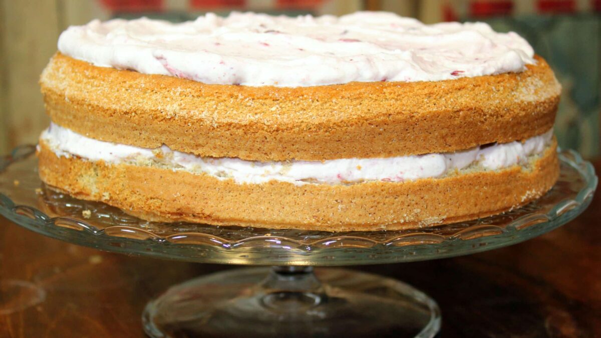 Hausgemachte Hadntorte mit fluffiger Preiselbeer-Sahne auf Glasteller.