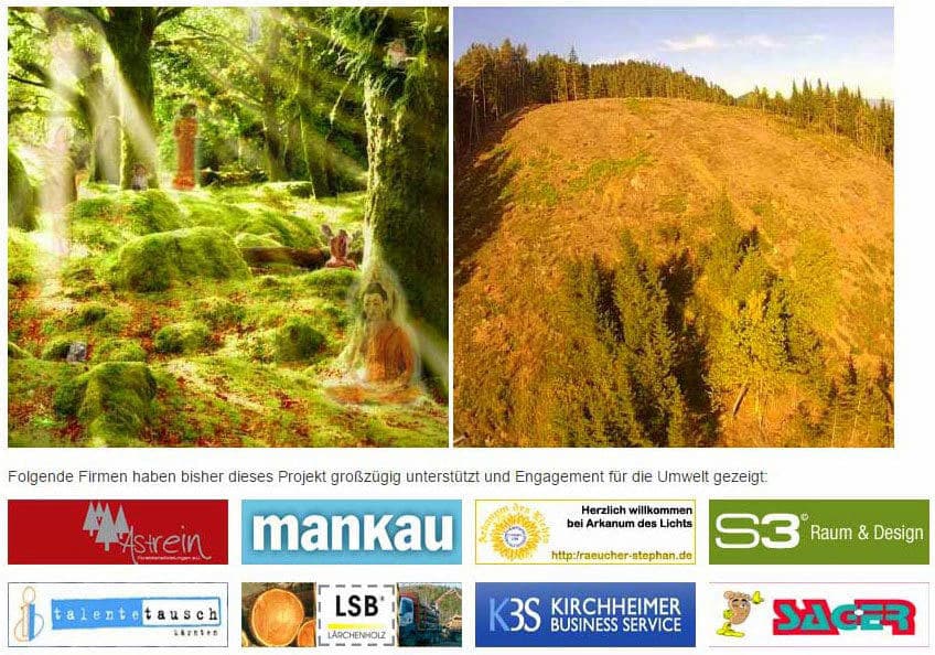 Zweiteiliges Bild mit Kontrast: Links ein lebendiger, lichtdurchfluteter Zauberwald mit spirituellen Wesen in meditativer Stille, rechts eine kahle gerodete Fläche. Darunter die Logos von unterstützenden Firmen, die sich für den Erhalt und die Wiederbelebung des Waldes engagieren.